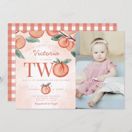 Cute Sweet Peach Turning Two Second Birthday Party Invitation