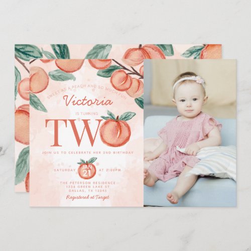 Cute Sweet Peach turning TWO Second Birthday Party Invitation