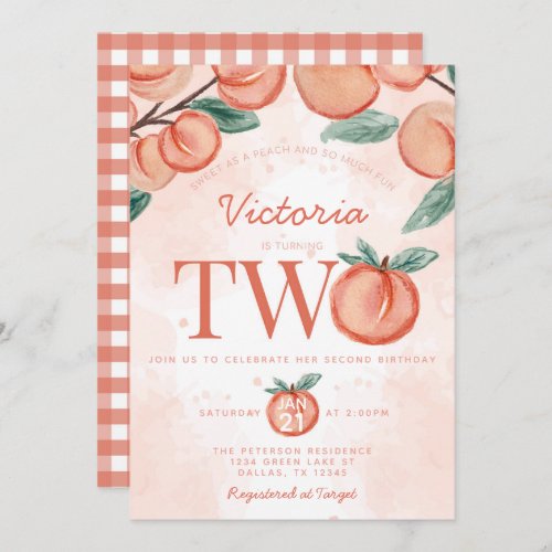 Cute Sweet Peach turning TWO Second Birthday Party Invitation