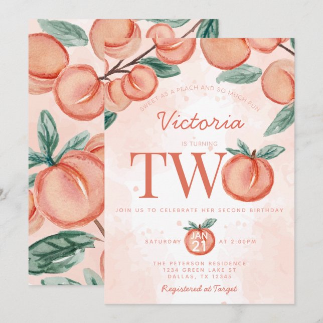Cute Sweet Peach turning TWO Second Birthday Party Invitation (Front/Back)