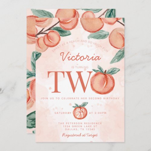 Cute Sweet Peach turning TWO Second Birthday Party Invitation