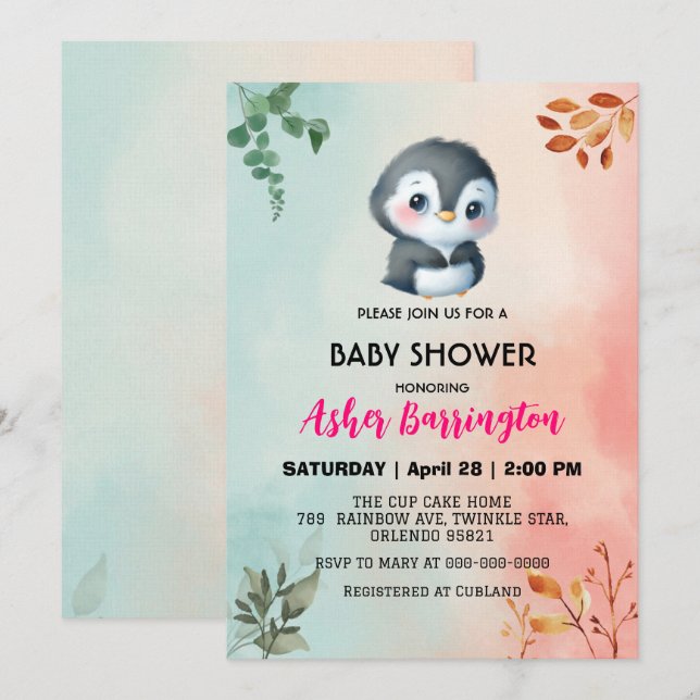Cute sweet penguin Spring flower baby shower kids Invitation (Front/Back)