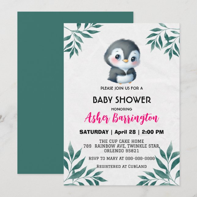 Cute sweet penguin Spring Leaves baby shower kids Invitation (Front/Back)
