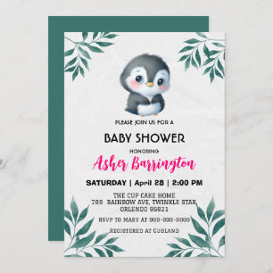 Cute sweet penguin Spring Leaves baby shower kids Invitation