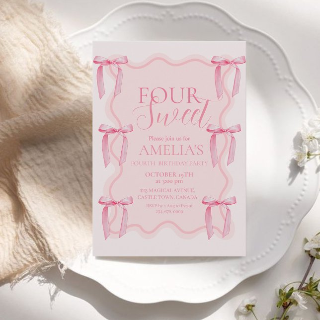 Cute Sweet Pink Bow 4th Birthday Party  Invitation (Creator Uploaded)