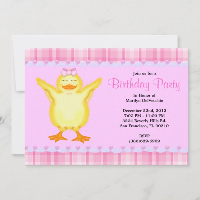 CUTE Sweet Pink card with Yellow Duck Birthday (Front)