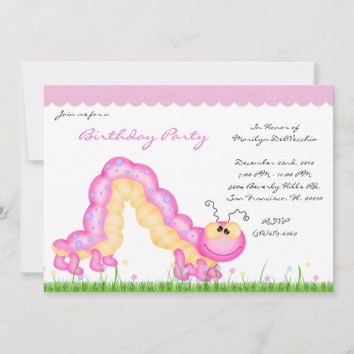 CUTE Sweet Pink Caterpillar Bug Birthday Party Invitation