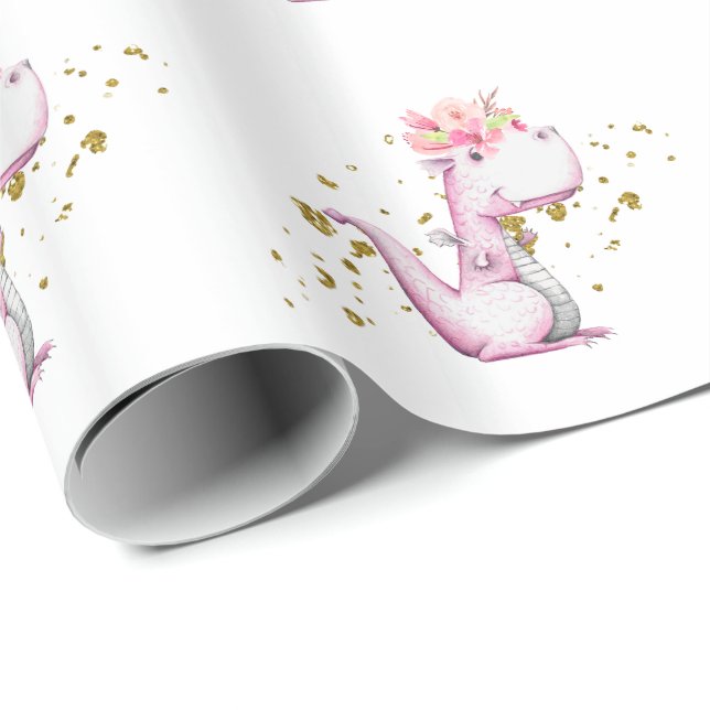 *~* Cute Sweet Pink Floral Toothy Dragon Dinosaurs Wrapping Paper (Roll Corner)