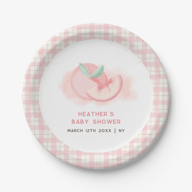 Cute Sweet Pink Gingham Peach Baby Shower  Paper Plates (Front)