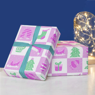 Cute Sweet Pink Girls Christmas Snow Grid  Wrapping Paper