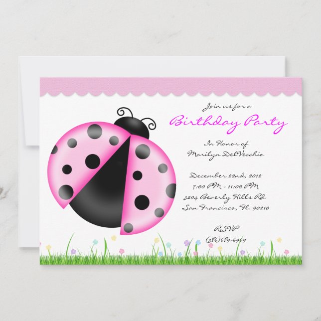 CUTE Sweet Pink Lady Bug Birthday Party Invitation (Front)