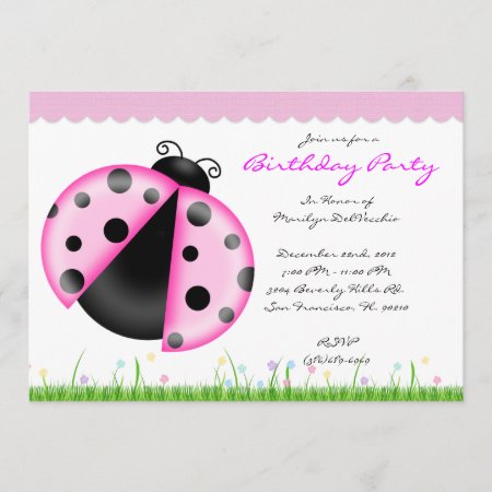 Cute Sweet Pink Lady Bug Birthday Party Invitation