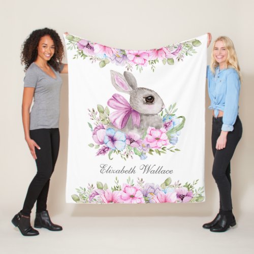 Cute Sweet Pink Purple Floral Bunny Fleece Blanket