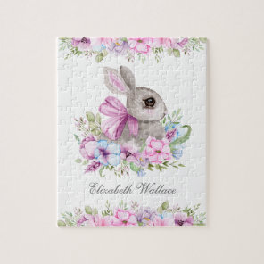Cute Sweet Pink Purple Floral Bunny Kids Name Jigsaw Puzzle