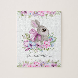 Cute Sweet Pink Purple Floral Bunny Kids Name Jigsaw Puzzle