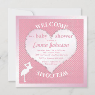 Cute Sweet Pink Stork Heart Baby Girl Shower Invitation