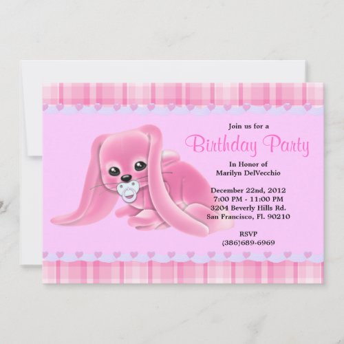 CUTE Sweet Plush Pink Bunny Rabbit Birthday Invitation