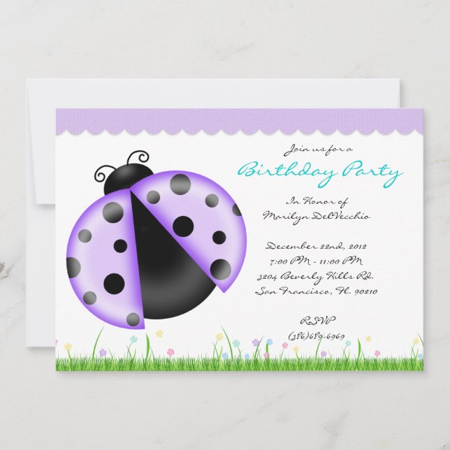 CUTE Sweet Purple and Blue Lady Bug Birthday Party Invitation (Front)