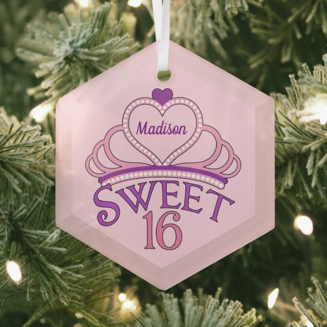 Cute Sweet Sixteen Birthday Custom Pink Christmas Glass Ornament (Insitu)