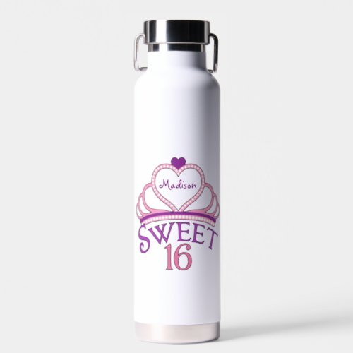 Cute Sweet Sixteen Tiara Pink Heart Personalized Water Bottle