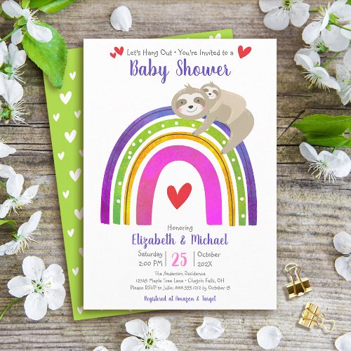 Cute Sweet Sloths Boho Rainbow Modern Baby Shower Invitation