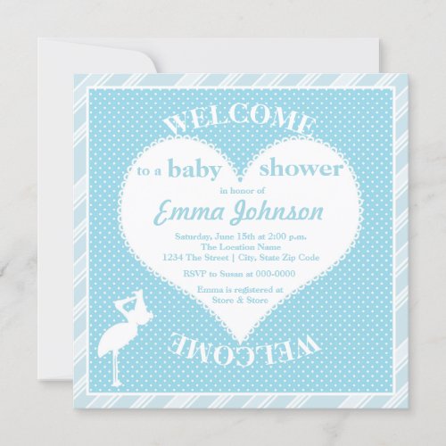 Cute Sweet Stork Heart Baby Boy Shower Invitation