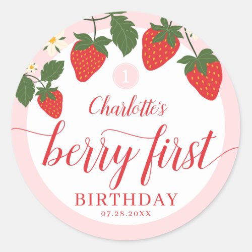 Cute Sweet Strawberry 1st Birthday Classic Round Sticker