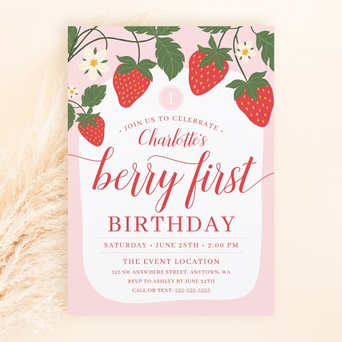 Cute Sweet Strawberry 1st Birthday Invitation