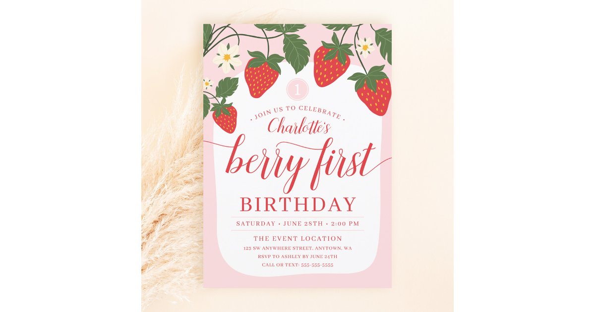 Cute Sweet Strawberry 1st Birthday Invitation | Zazzle