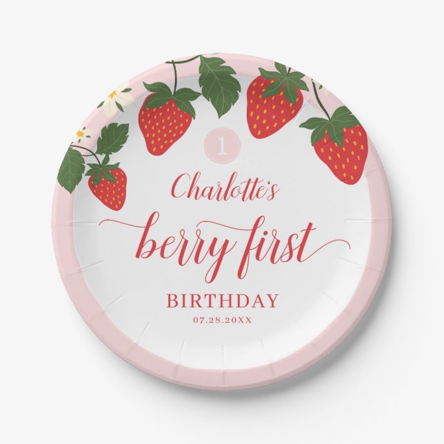 Cute Sweet Strawberry 1st Birthday Paper Plates (Front)
