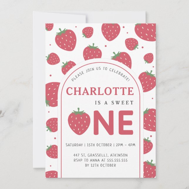 Cute Sweet Strawberry 1st Birthday Party Invitation (Front)