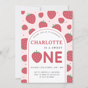 Cute Sweet Strawberry 1st Birthday Party Pink Invitation