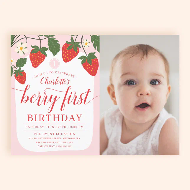 Cute Sweet Strawberry 1st Birthday Photo Invitation | Zazzle