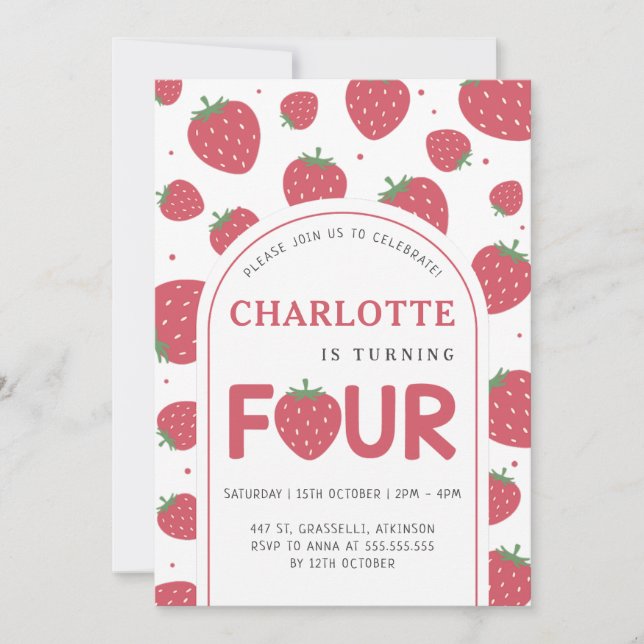 Cute Sweet Strawberry 4th Birthday Party Invitation (Front)