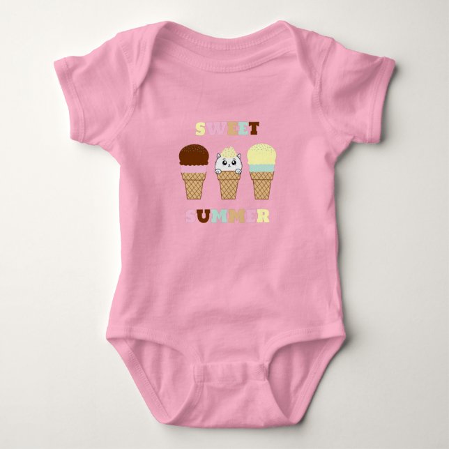 Cute Sweet Summer Cat Cupcake Baby Bodysuit (Front)