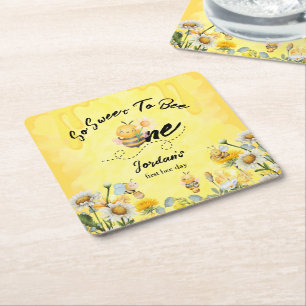 Cute Sweet To Bee One Wildflower 1st birthday Square Paper Coaster