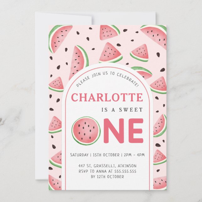 Cute Sweet Watermelon 1st Birthday Party Pink Invitation (Front)