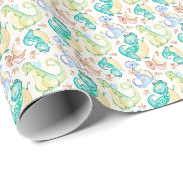 *~* Cute Sweet Whimsical Dragon Dinosaurs Wrapping Paper (Roll Corner)