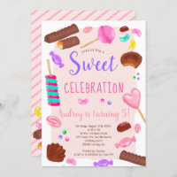 Cute sweets candy illustration 5th birthday party invitation