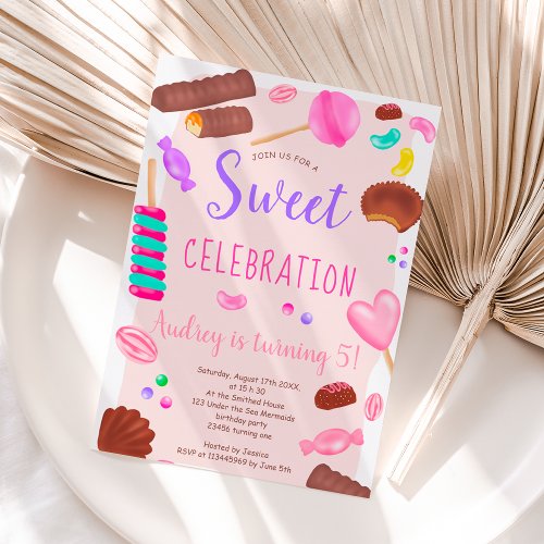 Cute sweets candy illustration 5th birthday party invitation