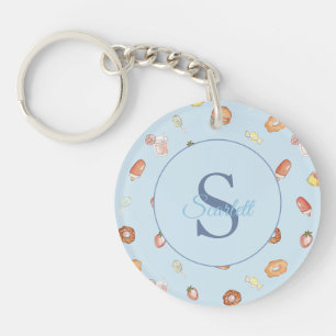 Cute Sweets Pattern Monogram Name Blue Photo  Keychain