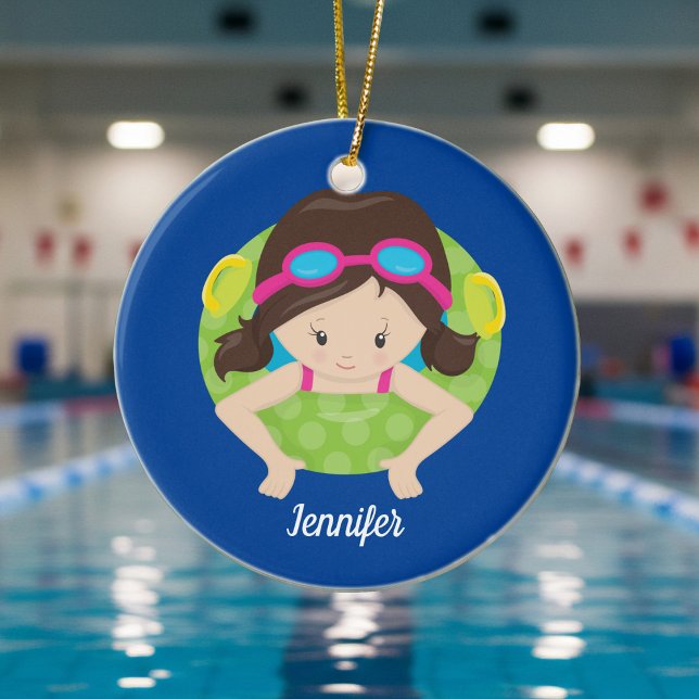 Cute Swim Team Girl Blue Monogram Kids Christmas Ceramic Ornament (Creator Uploaded)