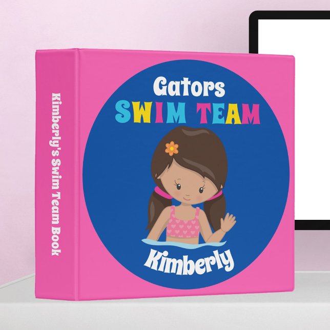 Cute Swim Team Girl Custom Brunette Pink Blue 3 Ring Binder (Creator Uploaded)