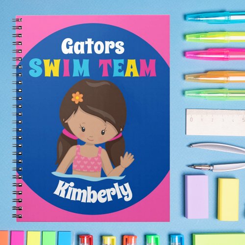 Cute Swim Team Girl Custom Brunette Pink Blue Notebook