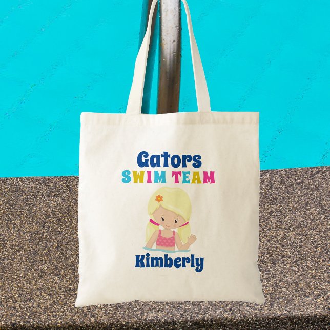 Cute Swim Team Girl Personalized Blonde Swimmer Tote Bag (Creator Uploaded)