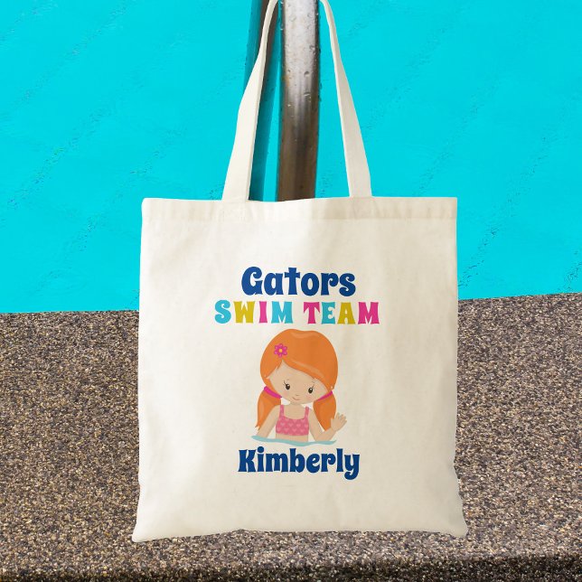 Cute Swim Team Girl Personalized Redhead Swimmer Tote Bag (Creator Uploaded)