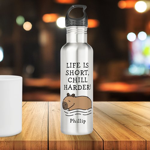 Cute Swimming Capybara Funny Quote Personalized Stainless Steel Water Bottle