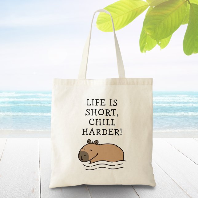 Cute Swimming Capybara Funny Quote Personalized Tote Bag (Life is short, chill harder!)