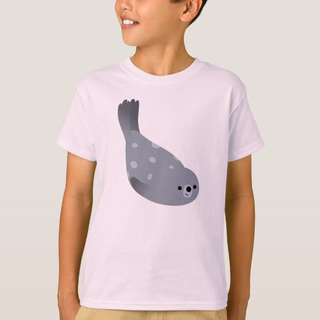 Cute Swimming Cartoon Harbor Seal Children T-Shirt (Front)