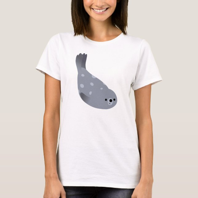 Cute Swimming Cartoon Harbor Seal Women T-Shirt (Front)